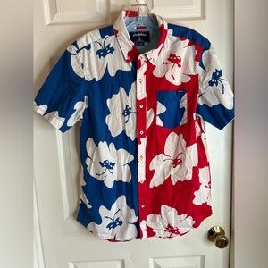 chubbies button down hawaiian floral shirt Men’s Large Red White Blue Patriotic